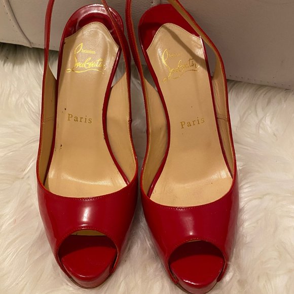 Christian Louboutin Red Patent Leather No Prive Sling Peep 120mm Pumps SZ 37.5 - Picture 3 of 10